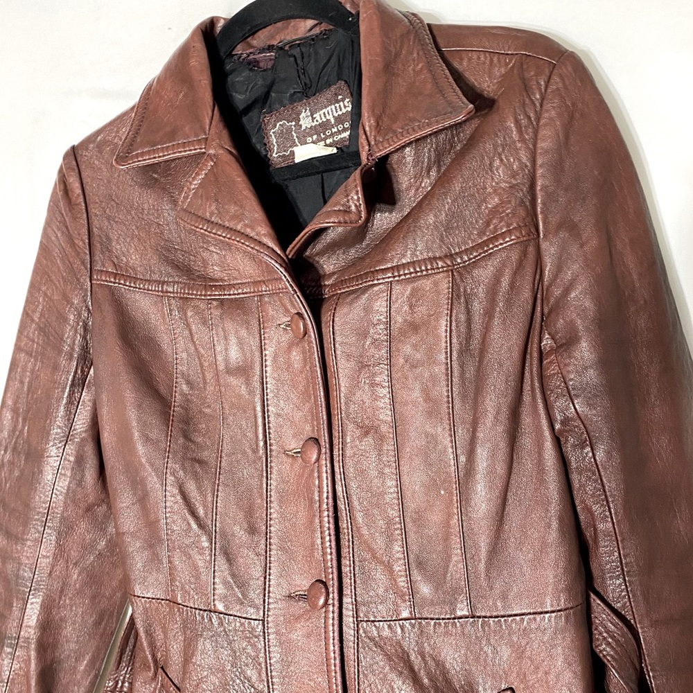 Vintage Marquis Of London Reddish Brown Belted Leather Jacket XS - Picture 7 of 16